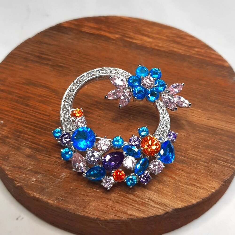 Silver & Multi-Color Crystal Floral Brooch Pin